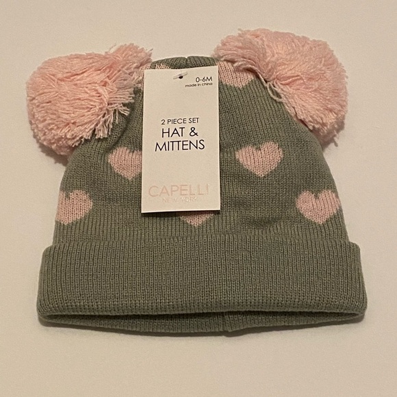 Capelli of New York Pom-Pom Heart Print Hat & Mittens Size 0-6M New With Tag - Picture 3 of 9